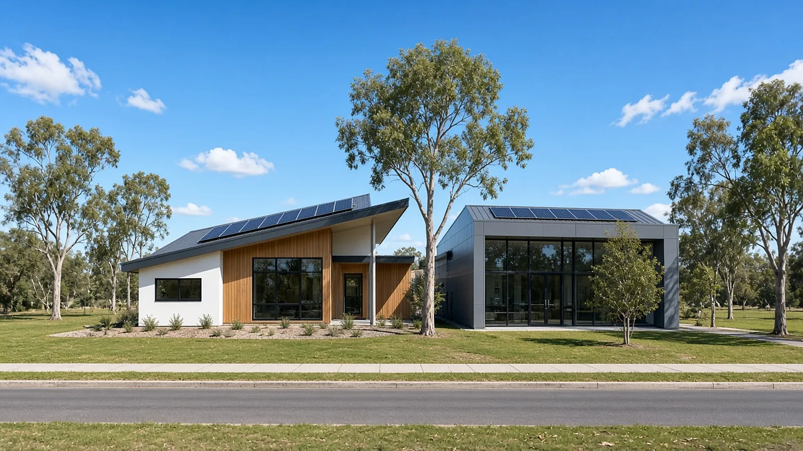 Modern Australian home beside a commercial building on a sunny street