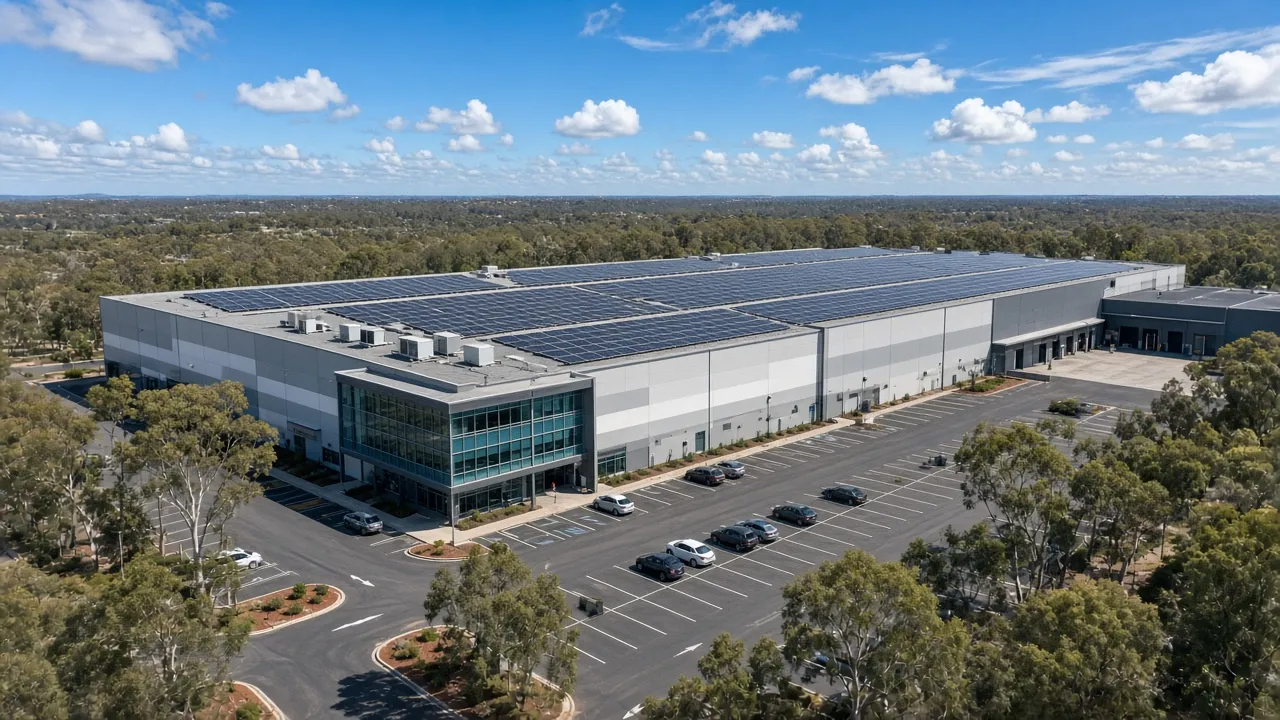Australian commercial warehouse with rooftop solar panels