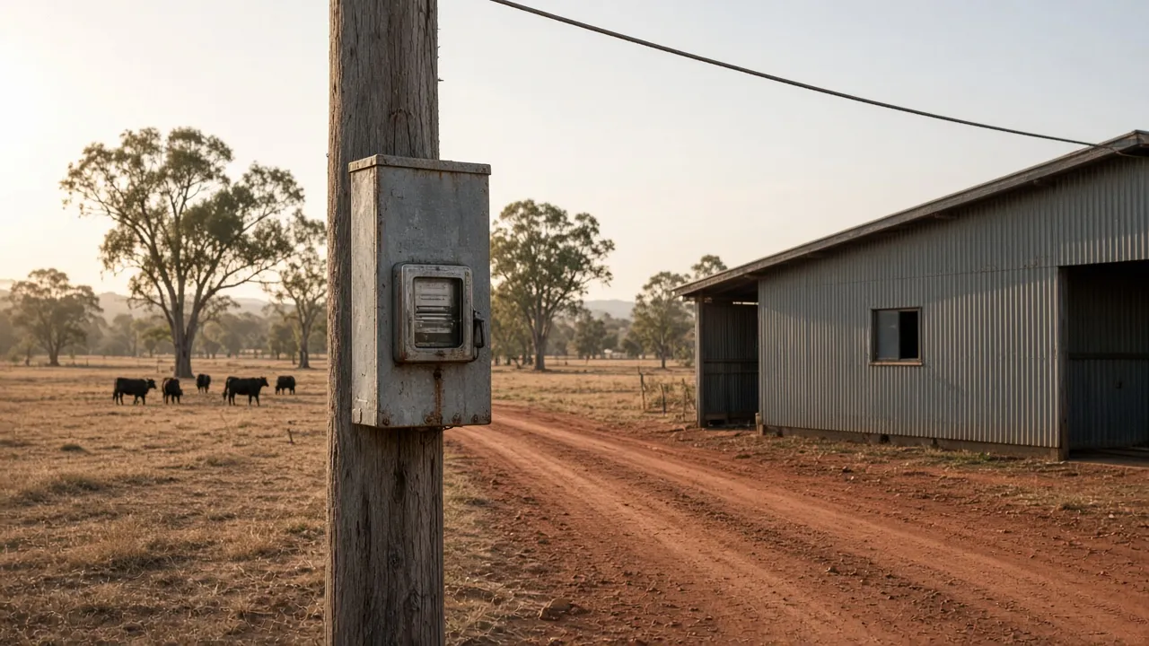 Pole-mounted electricity meter box beside a farm shed