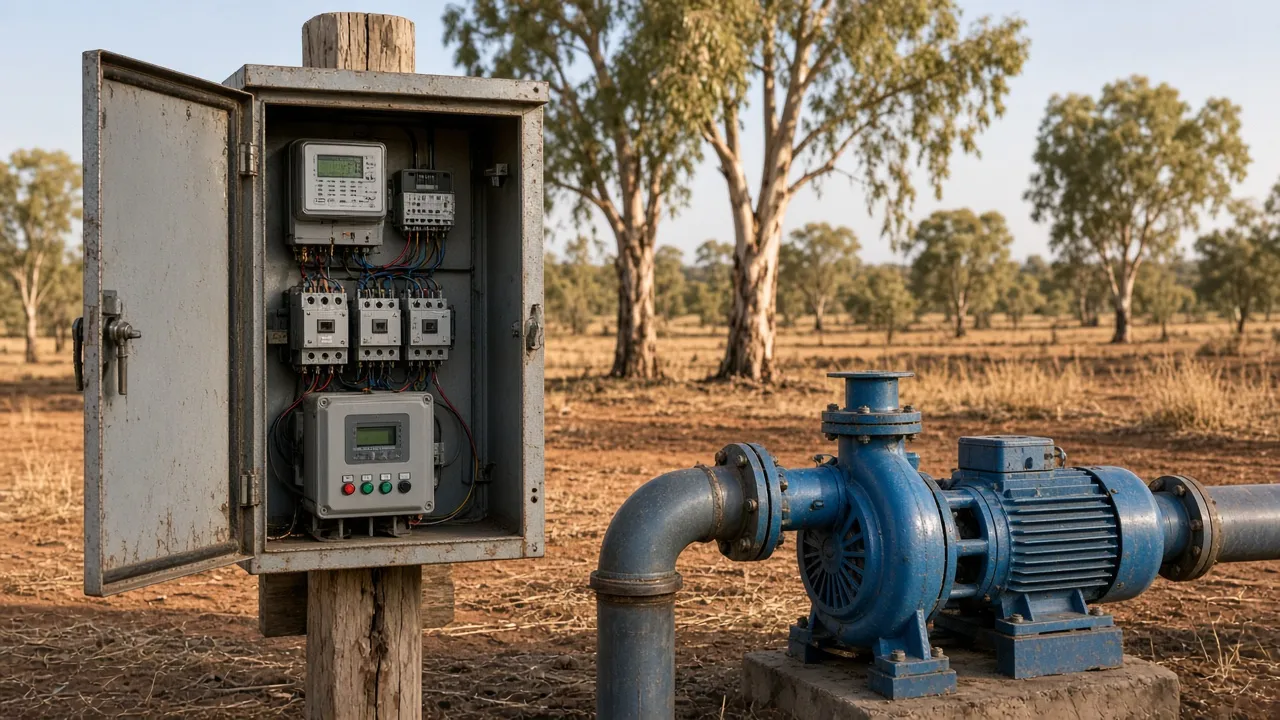 Farm switchboard with meter and irrigation pump controls
