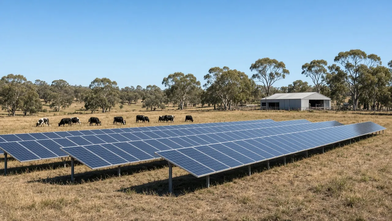 Ground-mounted solar array in a farm paddock with grazing cattle