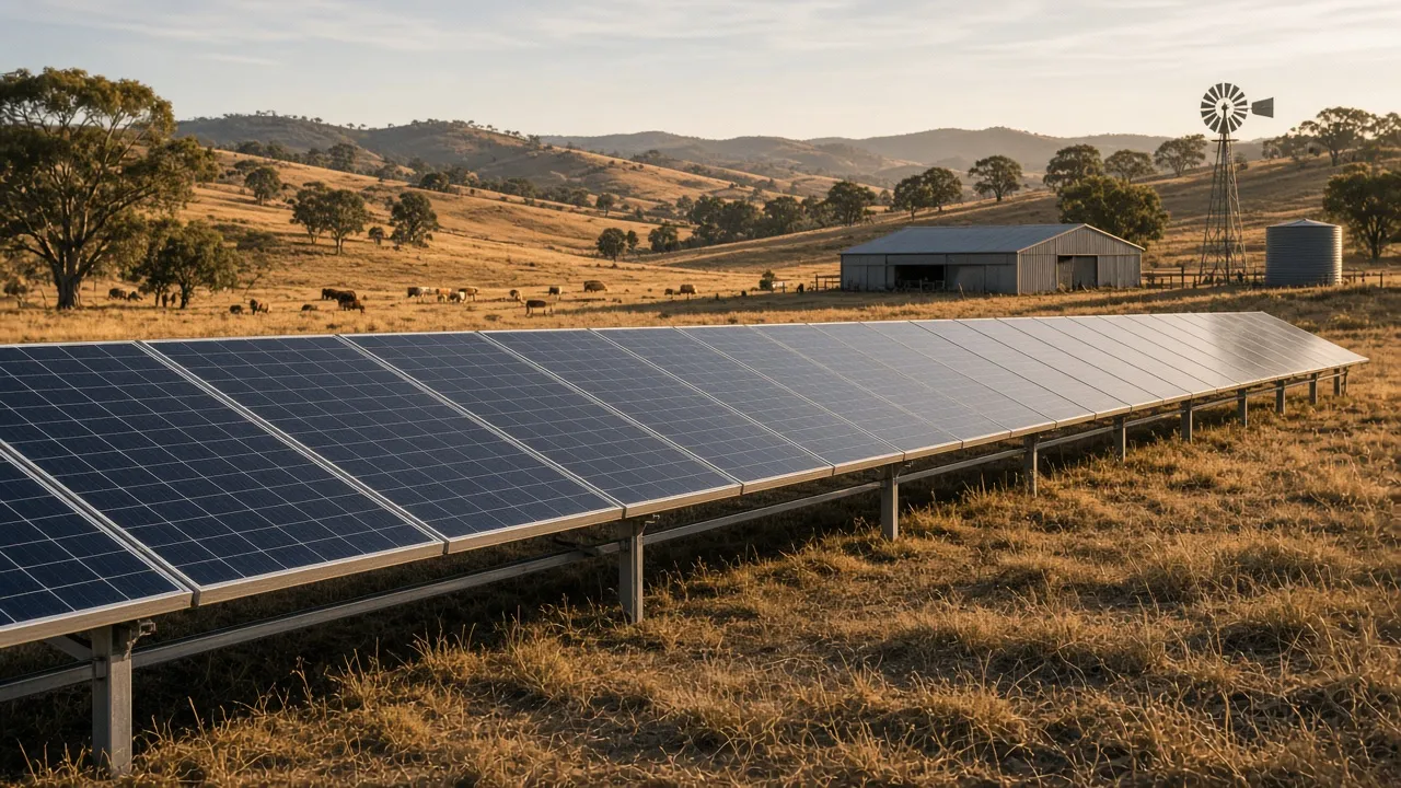 Row of ground-mounted solar panels on an Australian cattle property