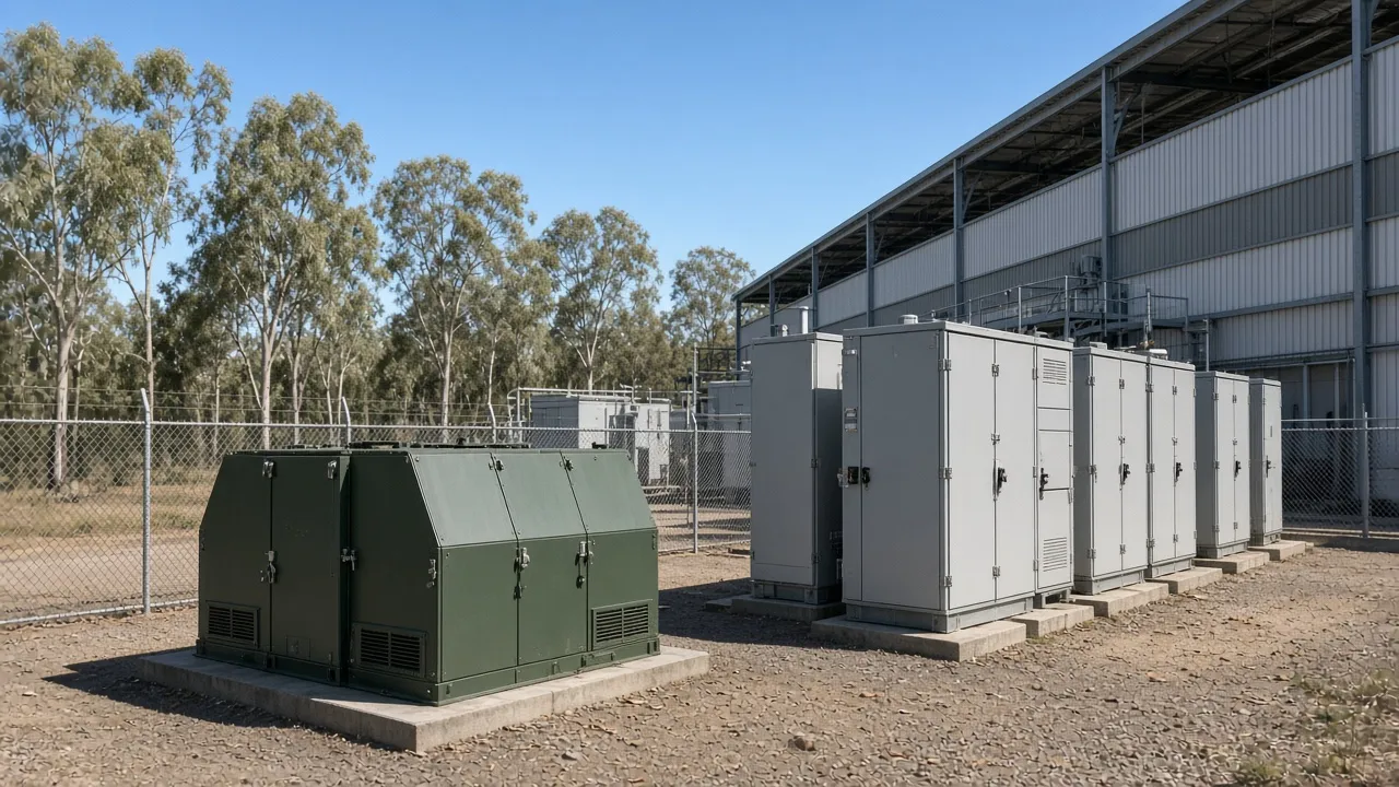 Pad-mounted transformer and switchgear beside an industrial shed