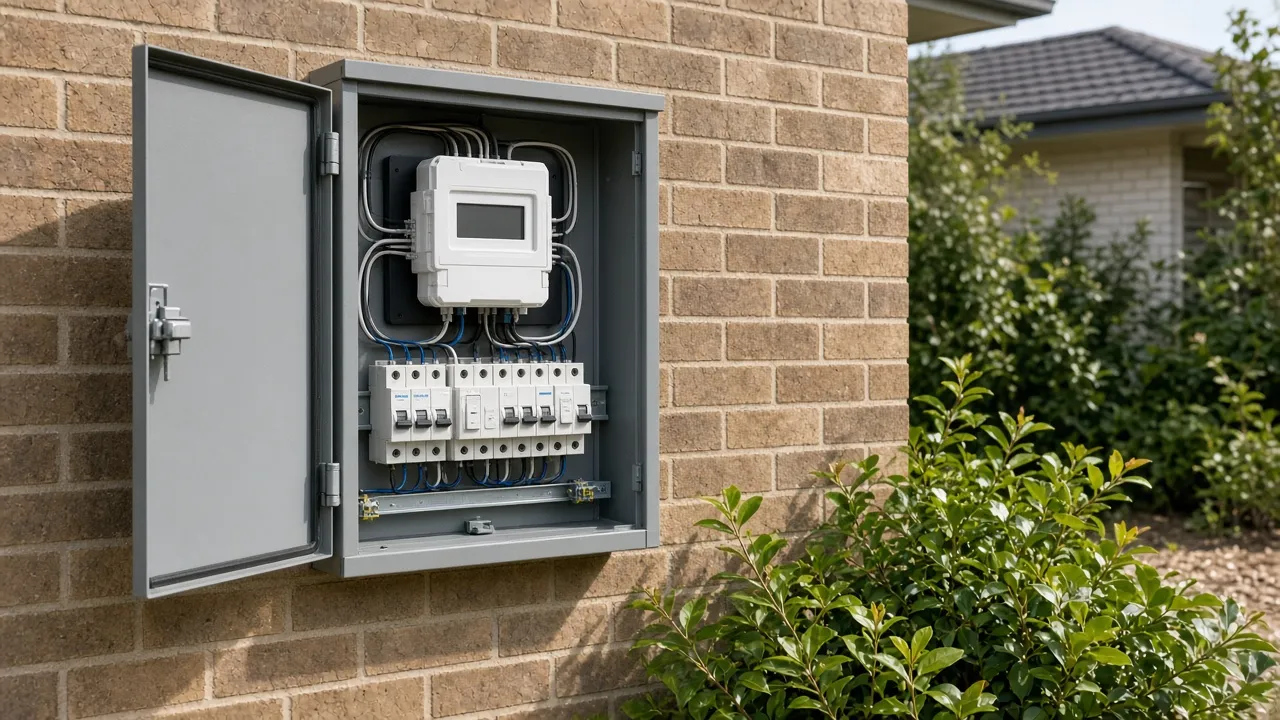 Electricity meter box with smart meter and safety switches on an Australian home